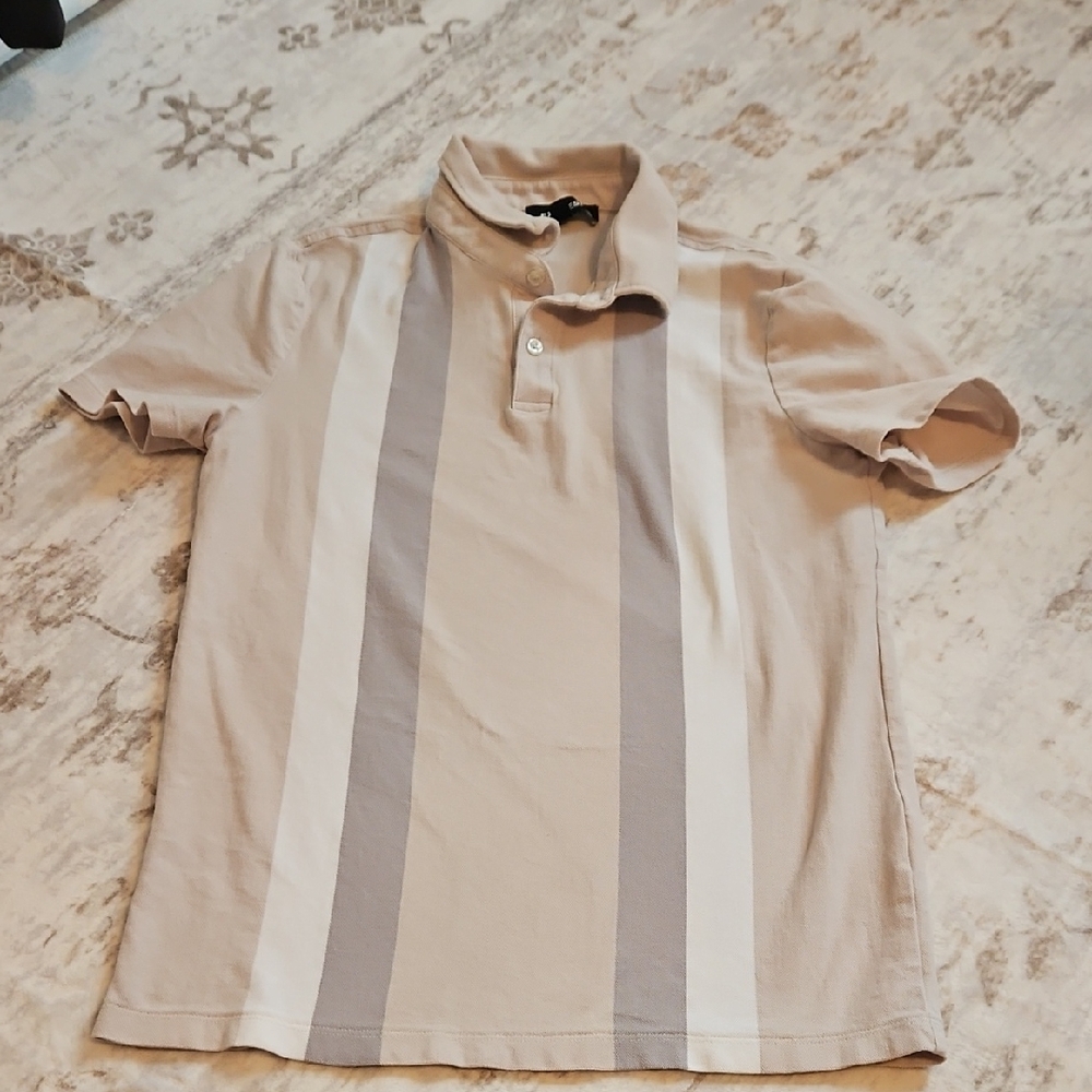 Express Men's Taupe and Cream Striped Polo Shirt